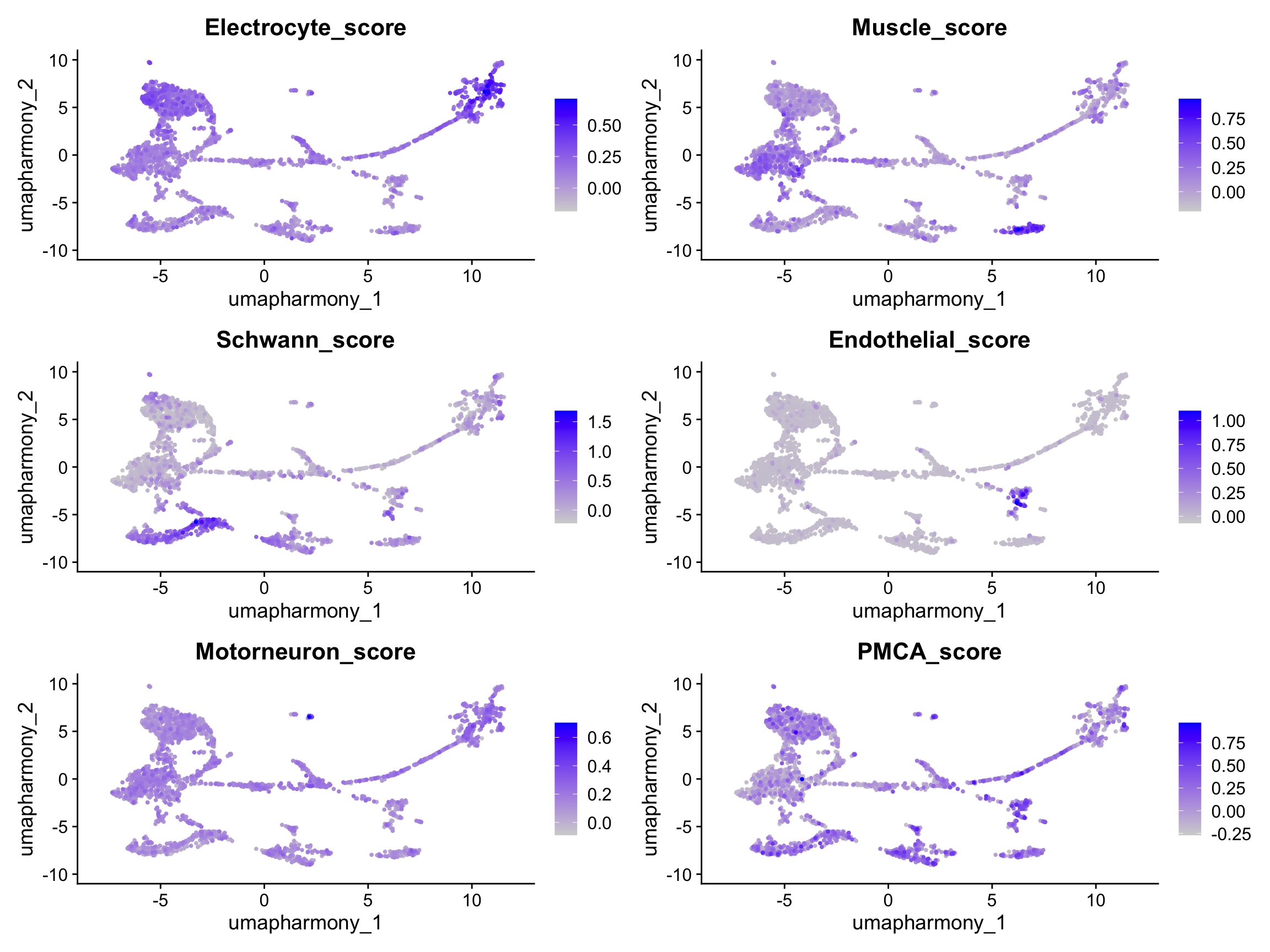 Feature plots on the Harmony UMAP showing module scores for each curated cell-type gene list plus the PMCA stalk score. Warm colours indicate cells with high expression of that cell type's markers.
